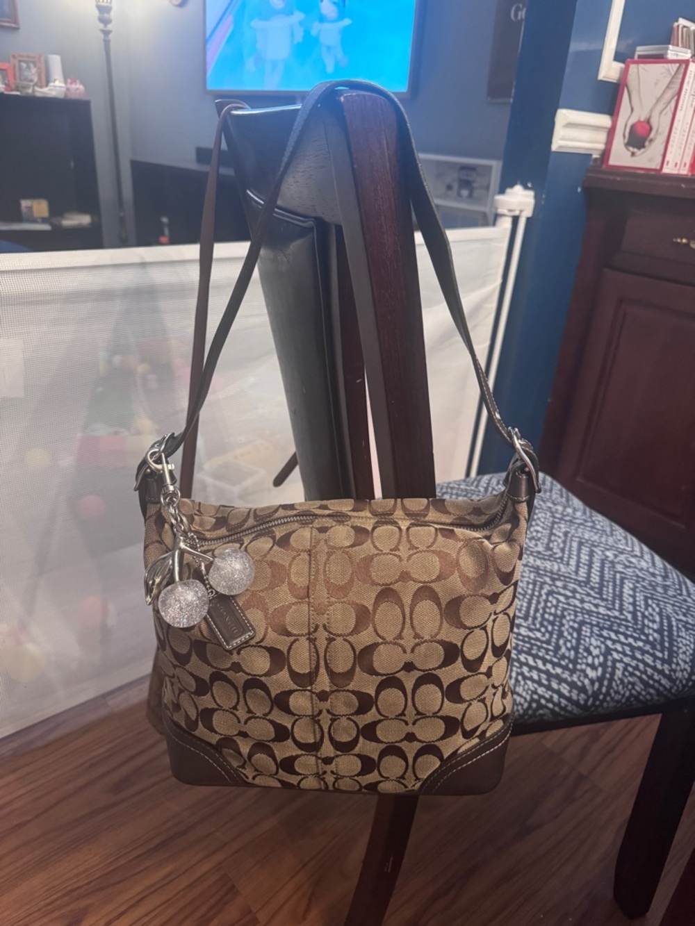 Coach Brown Logo Jacquard Shoulder Bag with Sparkle Cherry Charm - Picture 2 of 7